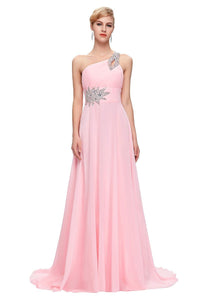 Pink A-line One-shoulder Beading Lacp-up Long Chiffon Prom Evening Dresses