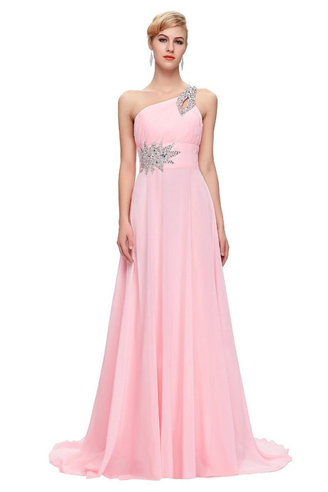Pink A-line One-shoulder Beading Lacp-up Long Chiffon Prom Evening Dresses