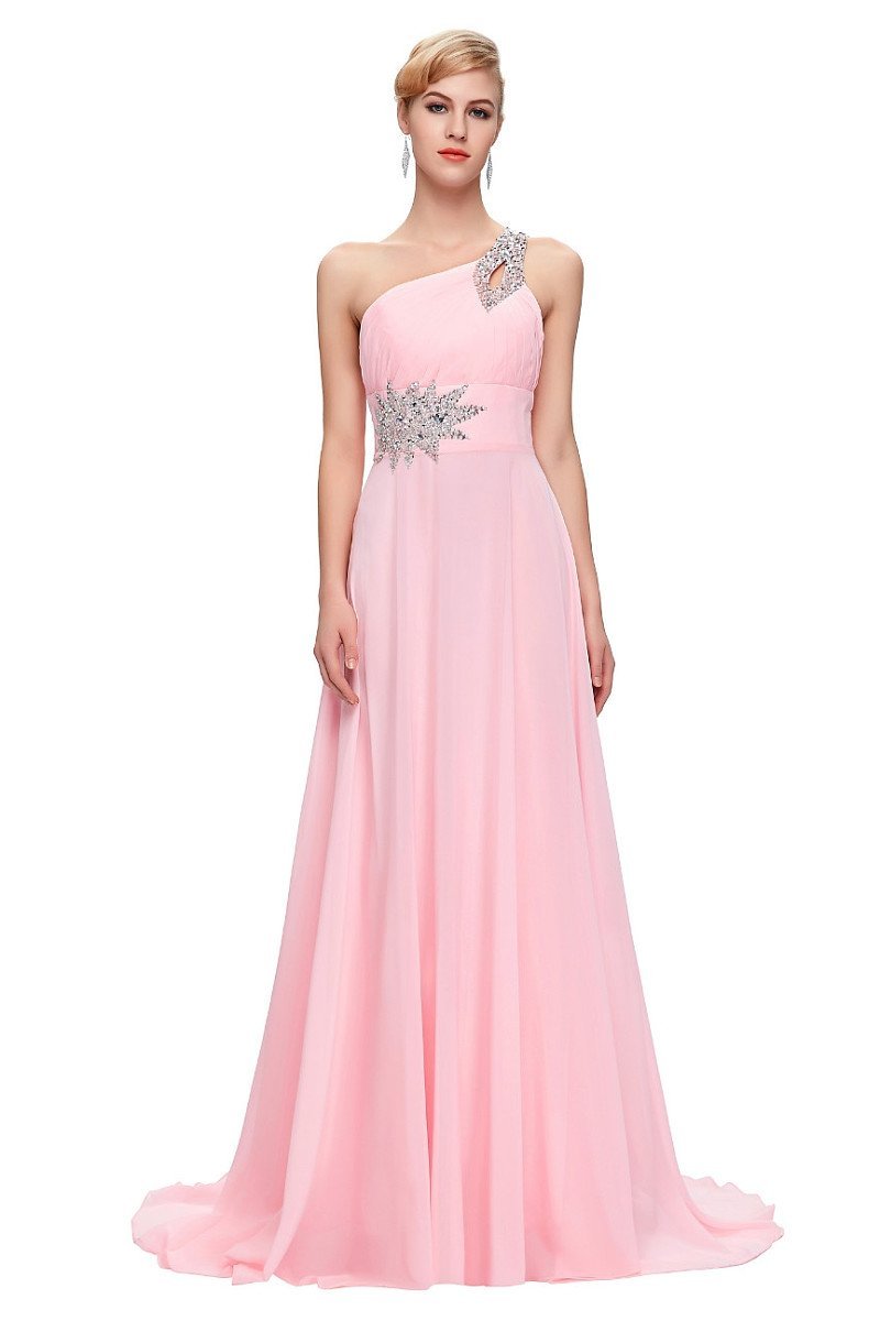 Pink A-line One-shoulder Beading Lacp-up Long Chiffon Prom Evening Dresses