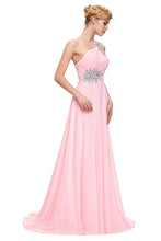 Pink A-line One-shoulder Beading Lacp-up Long Chiffon Prom Evening Dresses