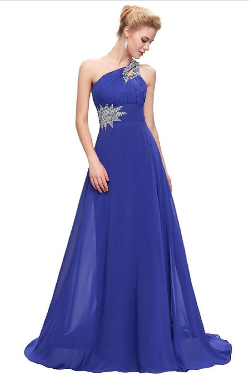 Blue A-line One-shoulder Beading Lacp-up Long Chiffon Prom Evening Dresses