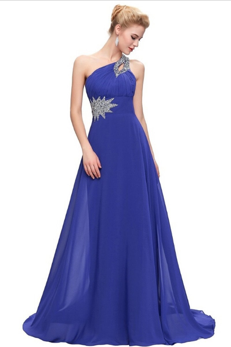 Blue A-line One-shoulder Beading Lacp-up Long Chiffon Prom Evening Dre   Okeydress