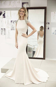 Fashion Beading Natural Bateau Short Sleeves Wedding Dresses