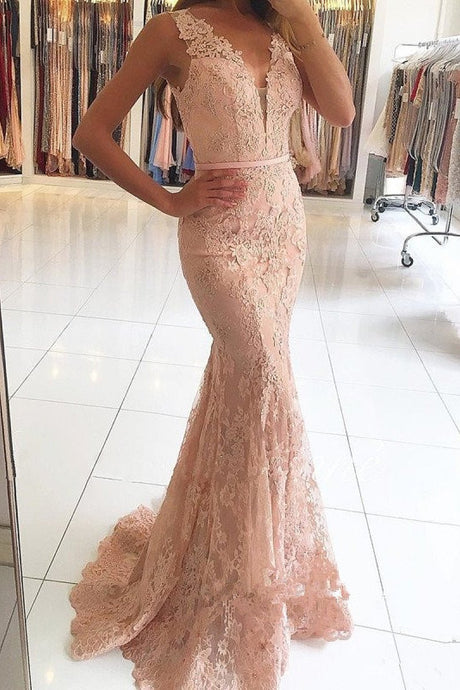 Lace Mermaid Buttons Sweep Train Sleeveless Pearl Pink Prom Dresses