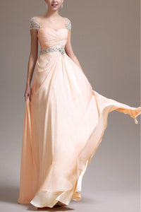 Gorgeous Beadings Cap Sleeves Sweetheart Chiffon A-line Long Prom Dresses