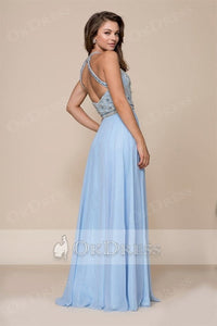 A-line Halter Beading Long Chiffon Formal Prom Dresses