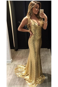 Gold Sparkly Sequined Sleeveless Sweep Train Trumpet/Mermaid Prom Dresses