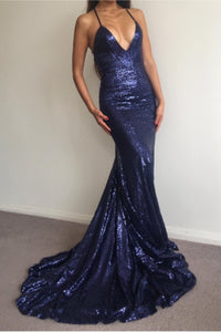 Dark Navy Sparkly Sequined Sleeveless Sweep Train Trumpet/Mermaid Prom Dresses