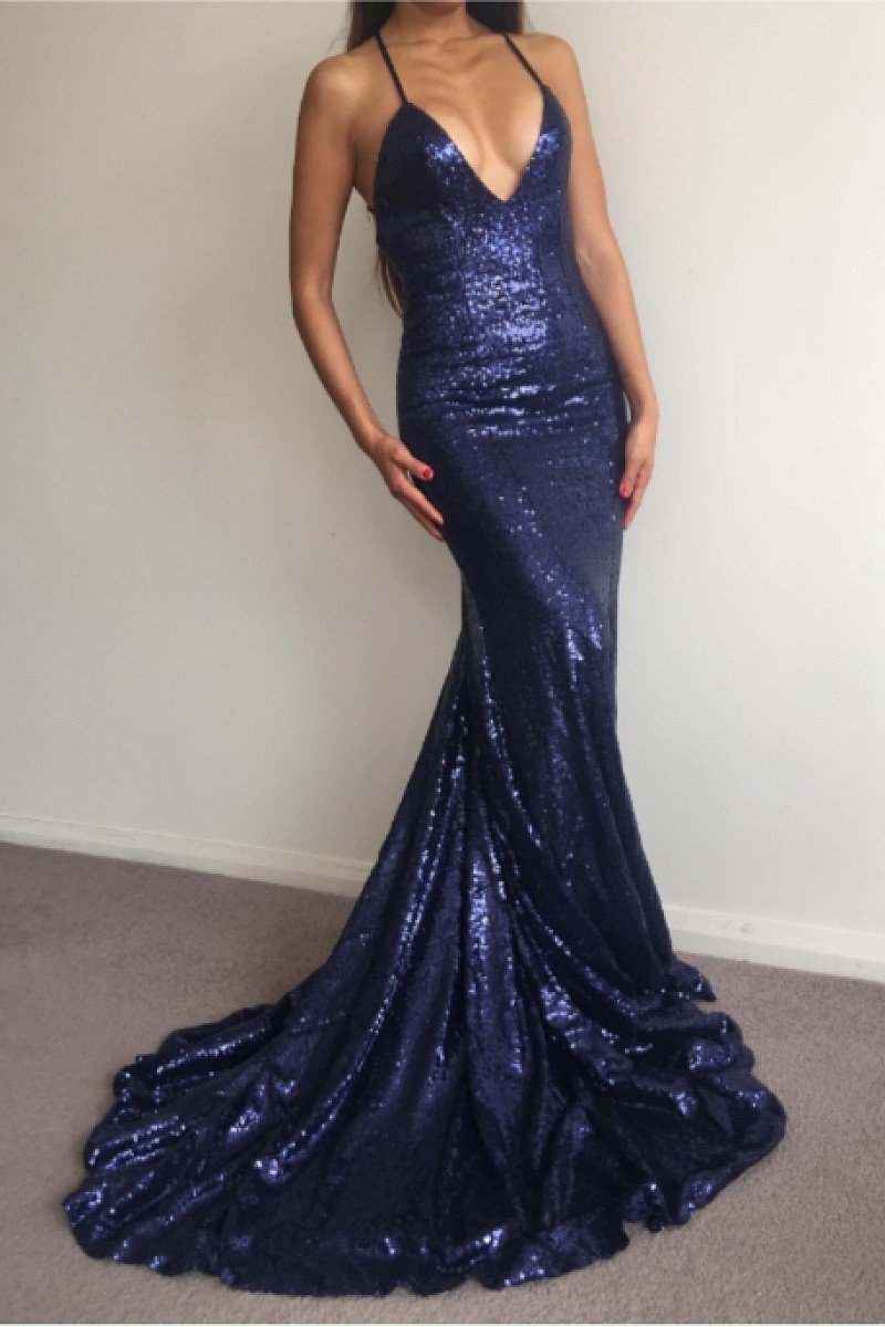 Dark Navy Sparkly Sequined Sleeveless Sweep Train Trumpet/Mermaid Prom Dresses