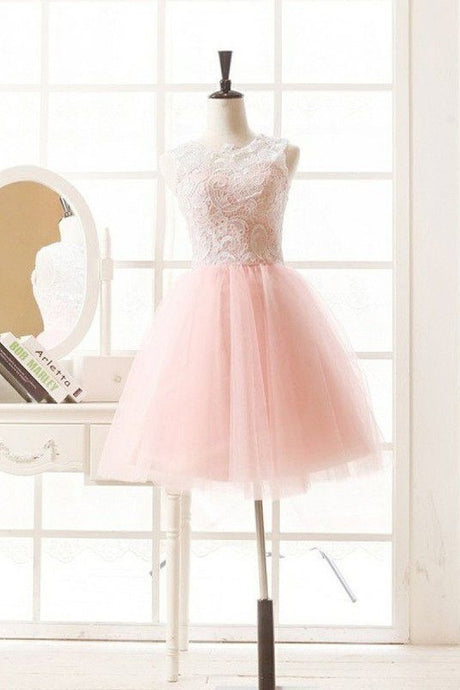 Candy Pink Short/Mini A-line/Princess Lace Tulle Covered Button Cocktail Dresses
