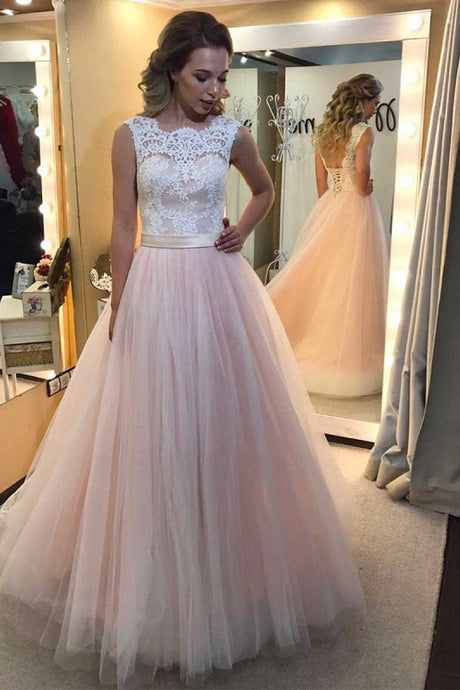 Floor-length Lace Candy Pink Tulle Natural Lace-up Prom Dresses