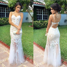 Mermaid Spaghetti Straps Open Back White Tulle Prom Dress with Lace Appliques