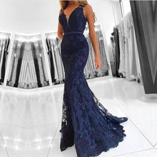 Dark Navy Lace Mermaid Buttons Sweep Train Sleeveless Prom Dresses