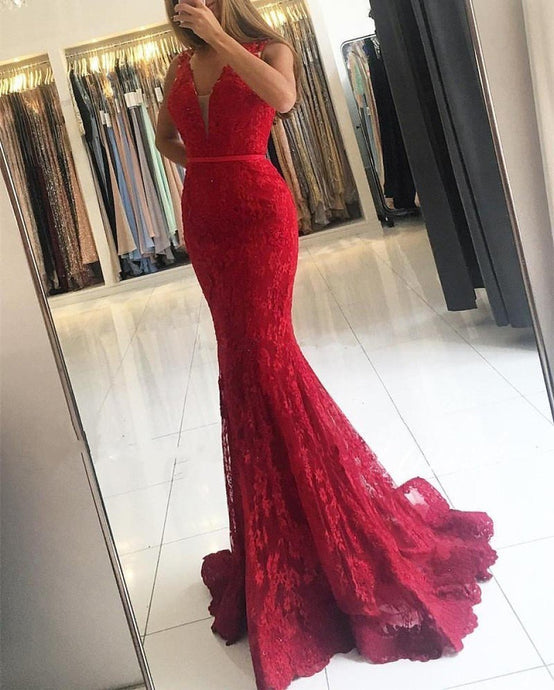 Lace Mermaid Buttons Sweep Train Sleeveless Red Prom Dresses