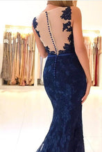 Dark Navy Lace Mermaid Buttons Sweep Train Sleeveless Prom Dresses