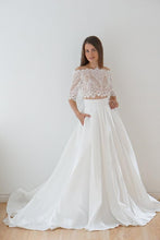 Two-Piece Off-the-shoulder 1/2 Sleeves A-line Long Lace Satin Wedding Dresses