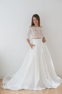 Two-Piece Off-the-shoulder 1/2 Sleeves A-line Long Lace Satin Wedding Dresses