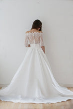 Two-Piece Off-the-shoulder 1/2 Sleeves A-line Long Lace Satin Wedding Dresses