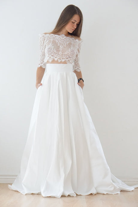 Two-Piece Off-the-shoulder 1/2 Sleeves A-line Long Lace Satin Wedding Dresses