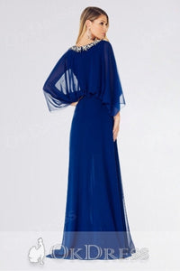 Blue A-line Flutter Sleeves Beading Split Long Chiffon Formal Prom Dresses