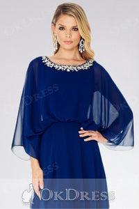 Blue A-line Flutter Sleeves Beading Split Long Chiffon Formal Prom Dresses