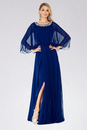 Blue A-line Flutter Sleeves Beading Split Long Chiffon Formal Prom Dresses