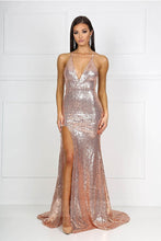 Front Slit Sequin Formal Dresses with Low Back