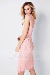 Charming Tulle V-Neck Neckline Short Sheath/Column Cocktail Dress with Beadings