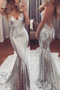 Silver Spaghetti Straps Trumpet/Mermaid Sequined Sleeveless Prom Dresses