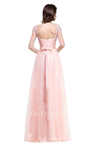 Classic A-line Cap Sleeves Bateau Lace Tulle Floor-length Bridesmaid Dresses